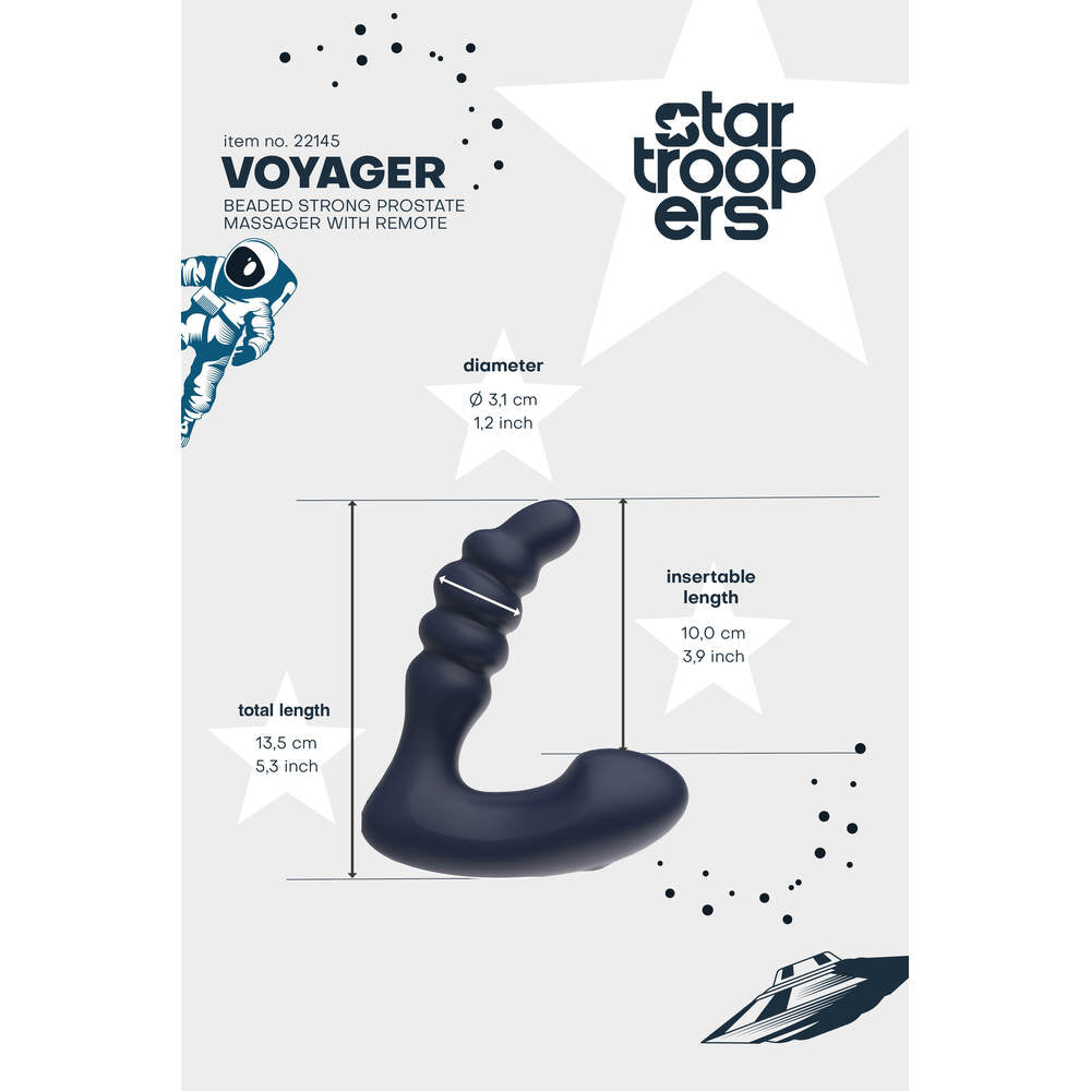 Voyager beaded strong prostate massager with remote on a branded packaging background