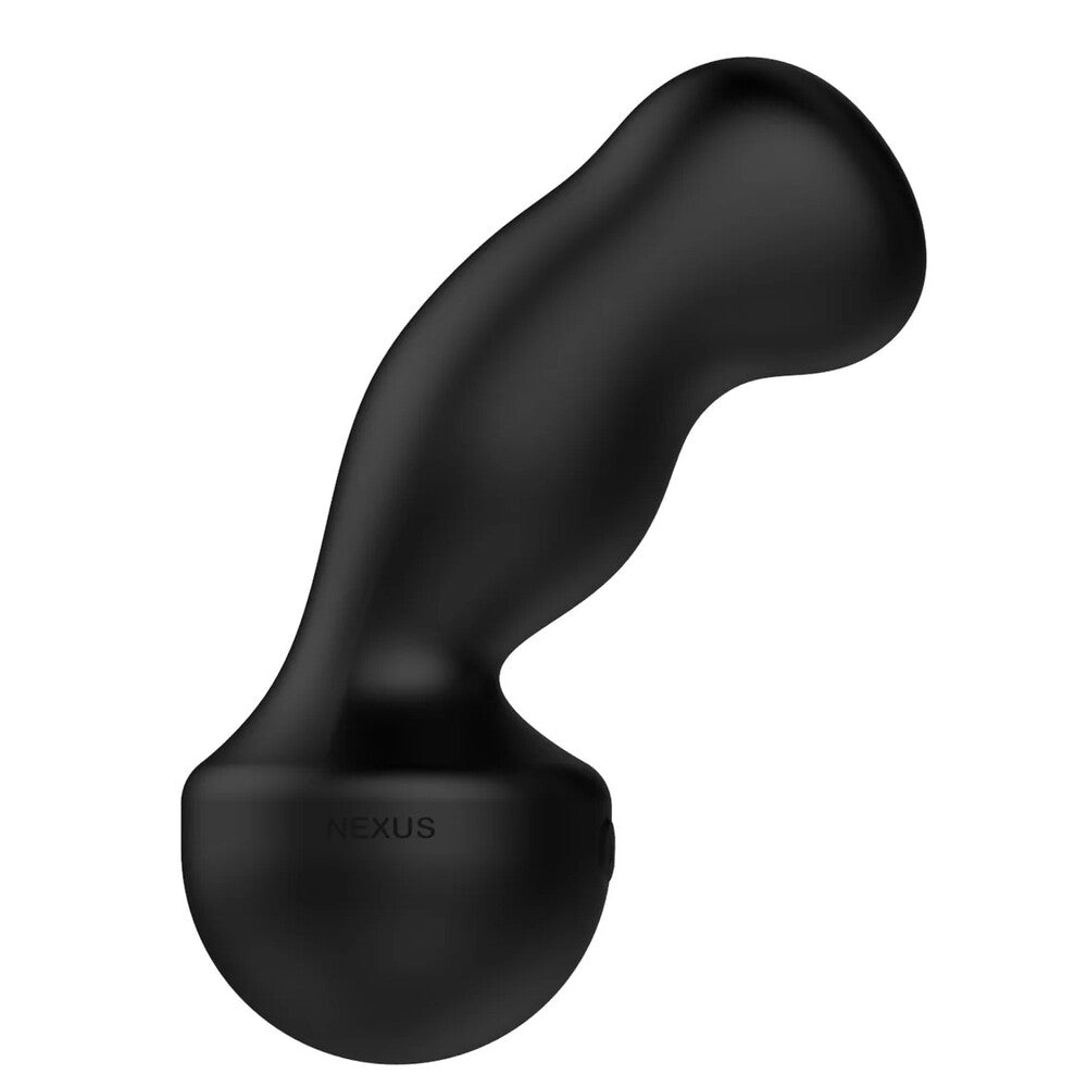 A black, curved silicone massager with a smooth surface. The device is designed for intimate use and has a pivot base and a shaft, each with a motor for simultaneous stimulation.