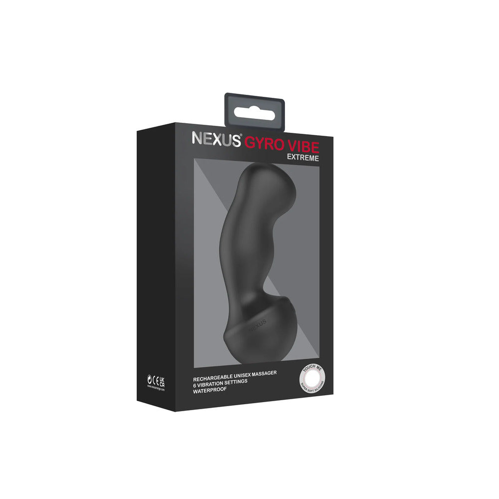 A black, curved silicone massager with a smooth surface. The device is designed for intimate use and has a pivot base and a shaft, each with a motor for simultaneous stimulation.
