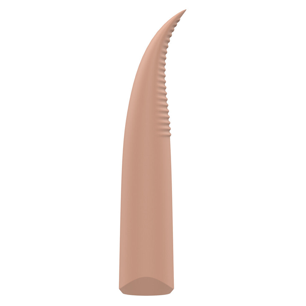 A flesh-brown, travel-sized, silicone massager with a flexible tip and stimulating ridges.