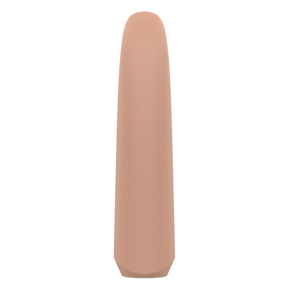 A flesh-brown, travel-sized, silicone massager with a flexible tip and stimulating ridges.