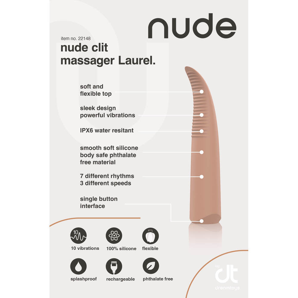 A flesh-brown, travel-sized, silicone massager with a flexible tip and stimulating ridges.