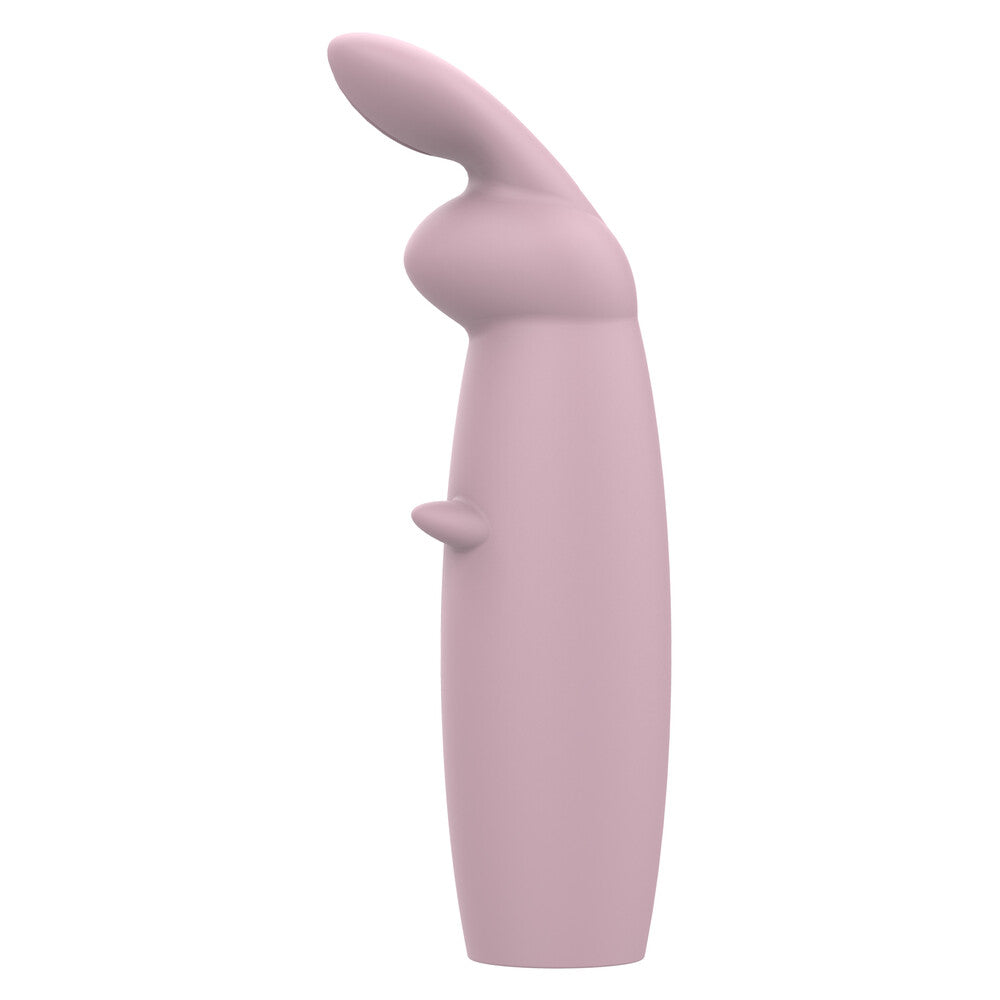 A pink, sleek, and ergonomic mini rabbit massager with a smooth surface, featuring a main shaft and a smaller attachment resembling ears, designed for intimate use.