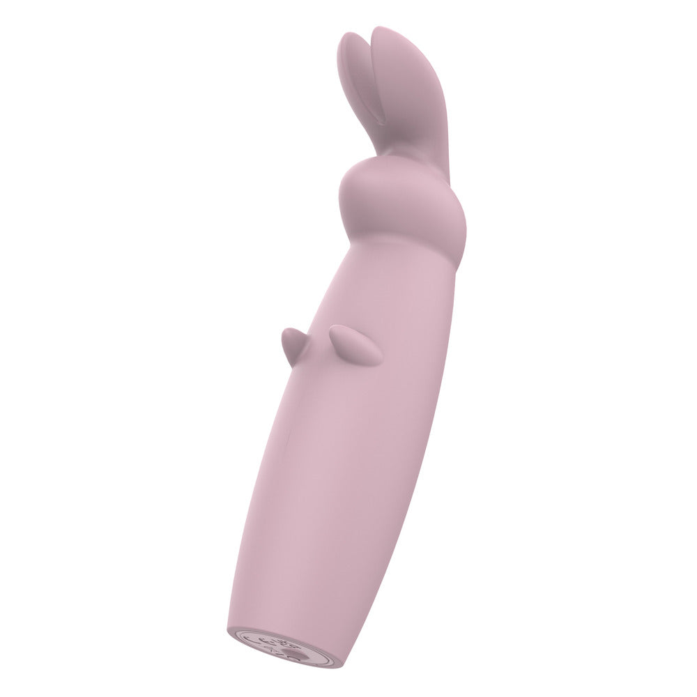 A pink, sleek, and ergonomic mini rabbit massager with a smooth surface, featuring a main shaft and a smaller attachment resembling ears, designed for intimate use.