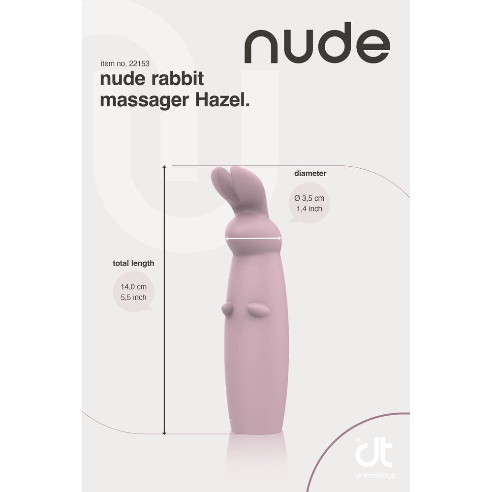 A pink, sleek, and ergonomic mini rabbit massager with a smooth surface, featuring a main shaft and a smaller attachment resembling ears, designed for intimate use.