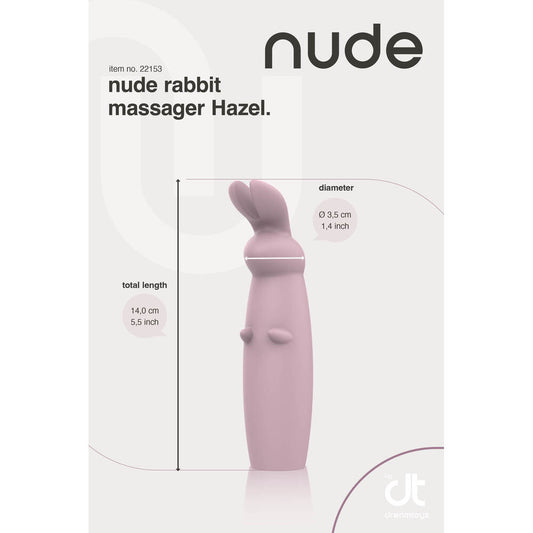 A pink, sleek, and ergonomic mini rabbit massager with a smooth surface, featuring a main shaft and a smaller attachment resembling ears, designed for intimate use.