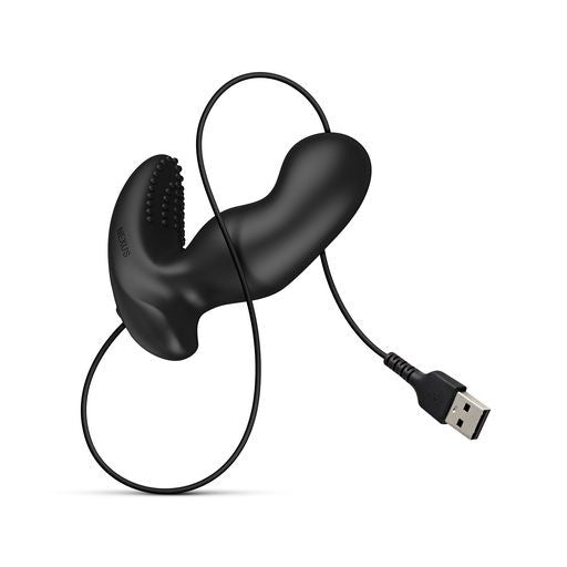 Black electronic device with USB cable on a white background