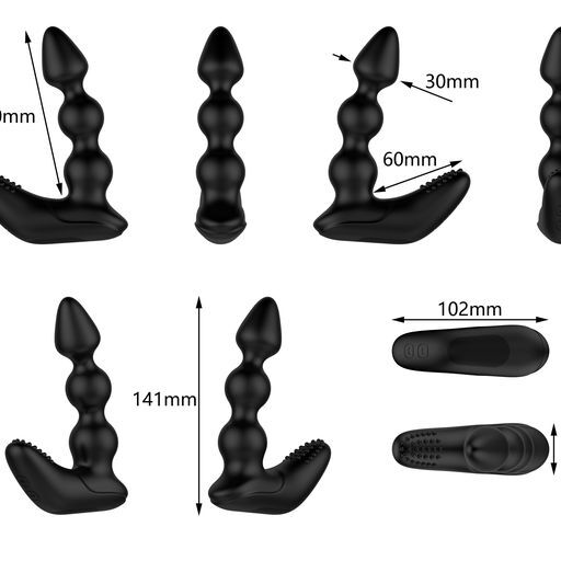 Black silicone butt plug with measurements on a white background