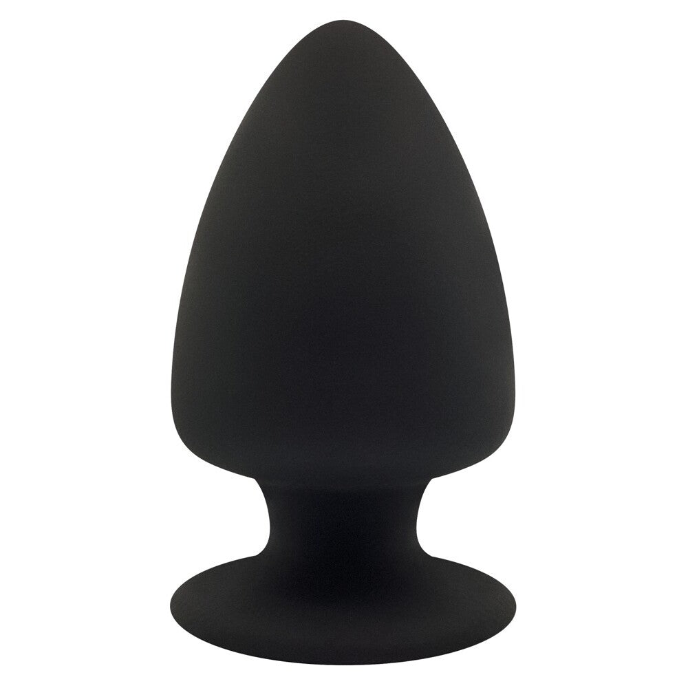 Black silicone butt plug on a white background