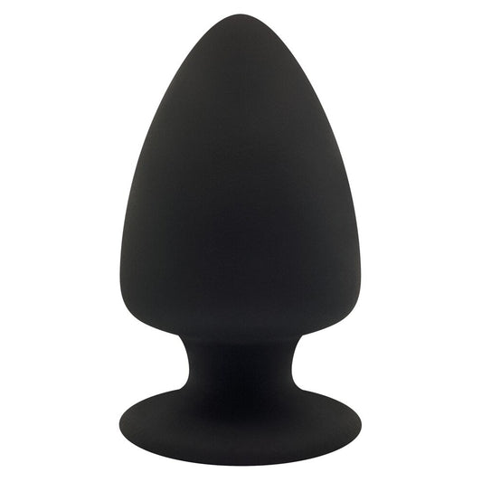 Black silicone butt plug on a white background