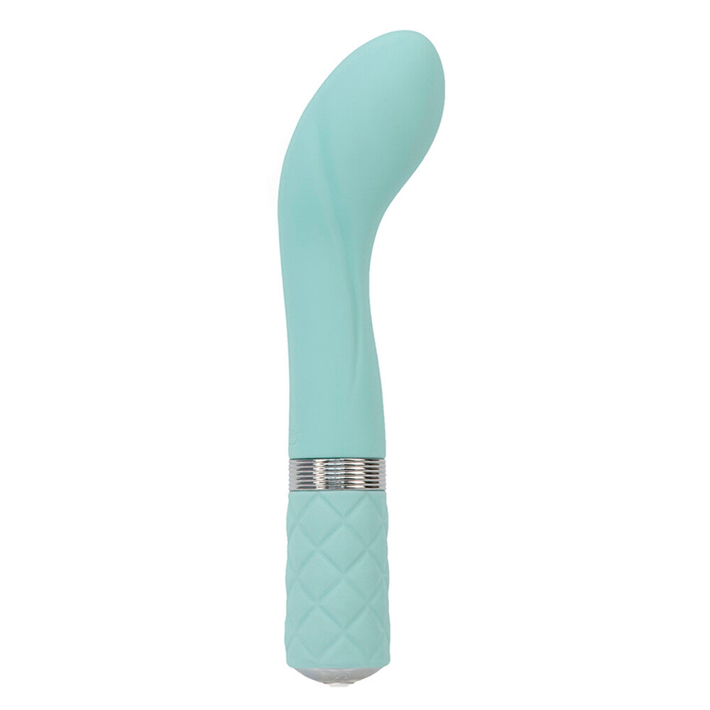 A light green, curved G-spot vibrator with a quilted handle and a crystal button.