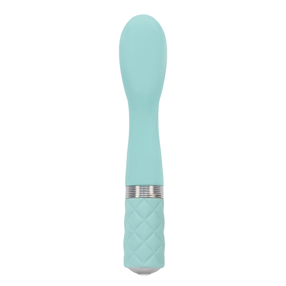 A light green, curved G-spot vibrator with a quilted handle and a crystal button.