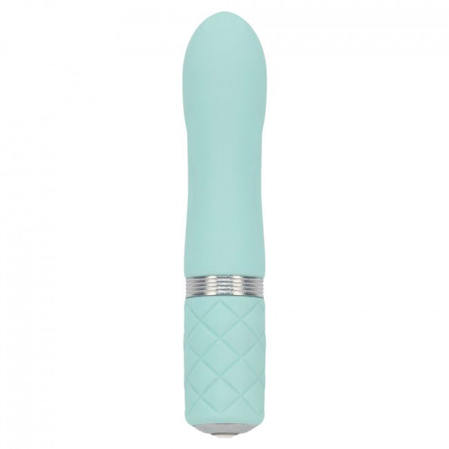 A small, teal-colored rechargeable bullet vibrator with a quilted handle and a metallic band near the base. It has a smooth, rounded tip and a Swarovski crystal button detail.