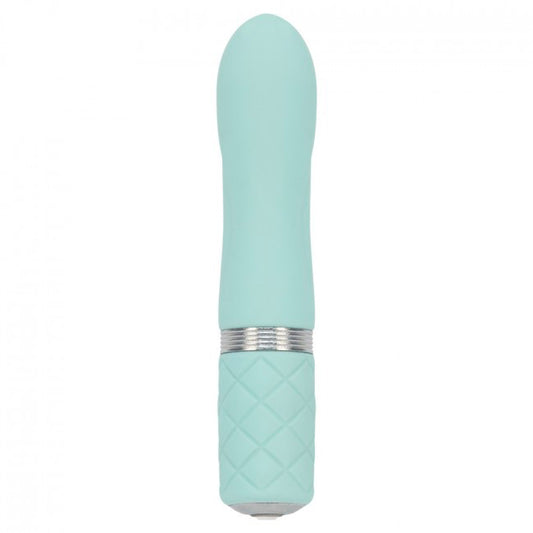 A small, teal-colored rechargeable bullet vibrator with a quilted handle and a metallic band near the base. It has a smooth, rounded tip and a Swarovski crystal button detail.