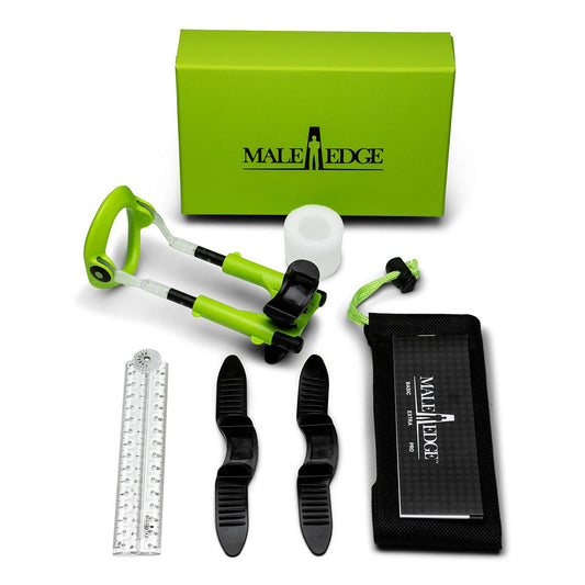 Grooming kit with green tool, black attachments, ruler, and phone case on a white background.