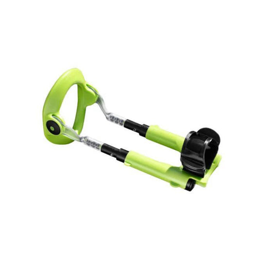Green garden hose nozzle with black accents on a white background