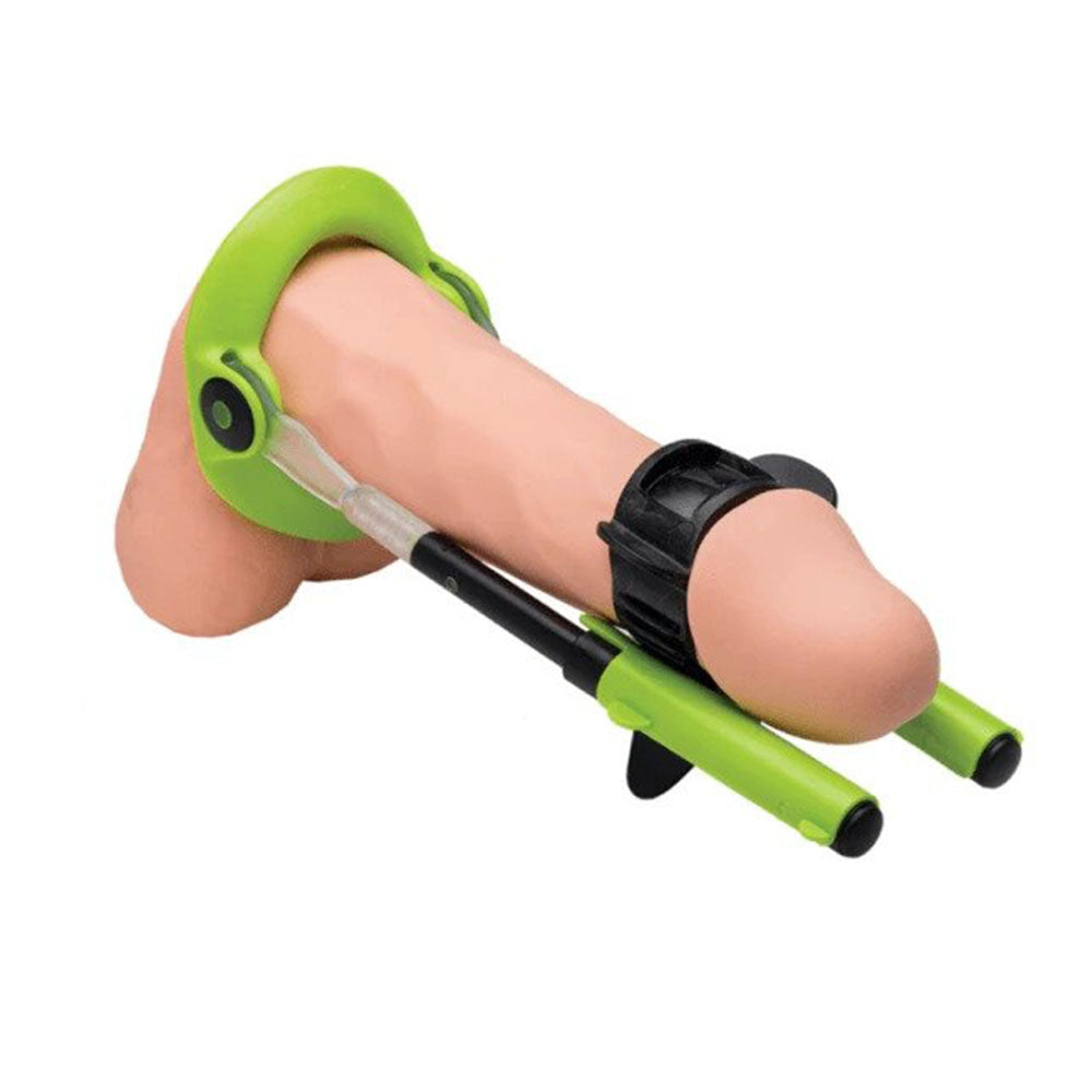Toy leg with green and black components on a white background
