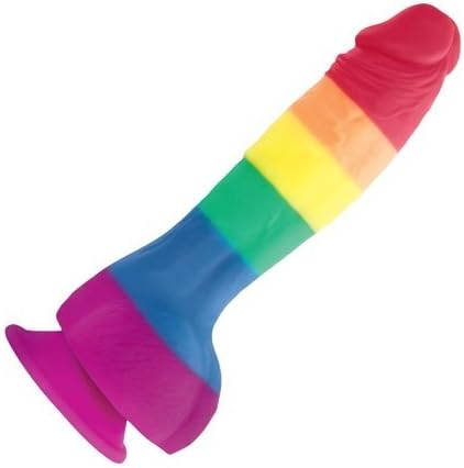 A rainbow-colored, realistic silicone dildo with a strong suction cup base.