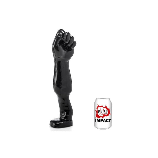 Black fist figurine next to a can labeled 'Fist Impact' on a white background
