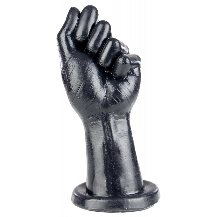 Black fist sculpture on a white background