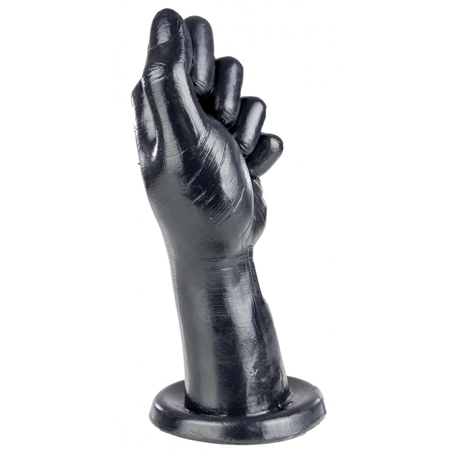 Black hand sculpture on a white background