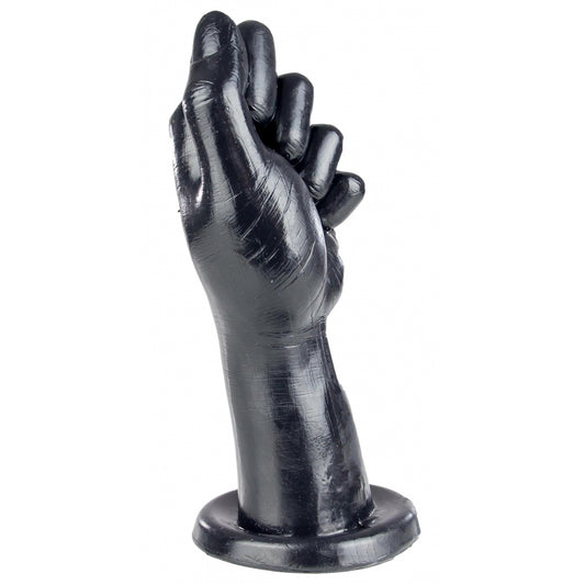 Black hand sculpture on a white background