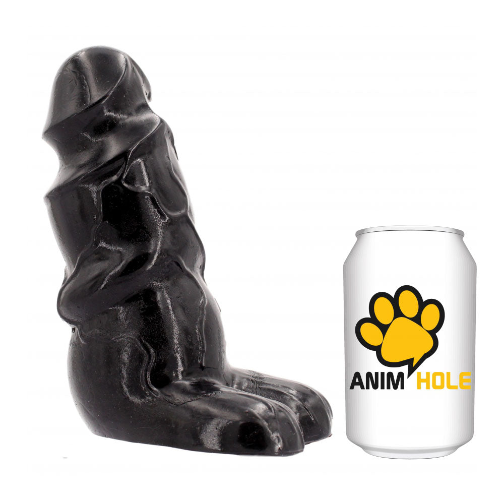 Black animal-shaped product next to a white can with 'Anim Hole' logo on a white background
