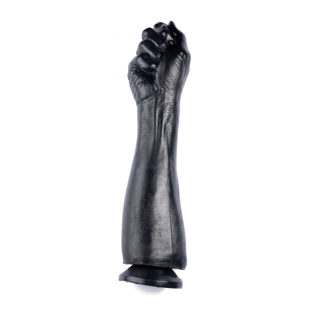 Black fist sculpture on a white background