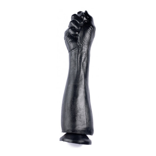 Black fist sculpture on a white background