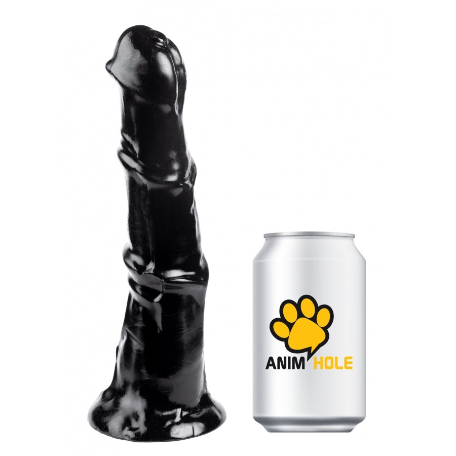 Black plastic product next to a white can with a yellow paw print and text on a white background