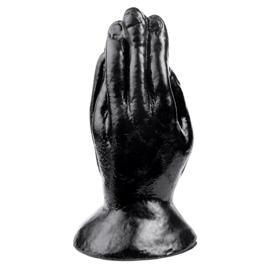 Black praying hands sculpture on a white background