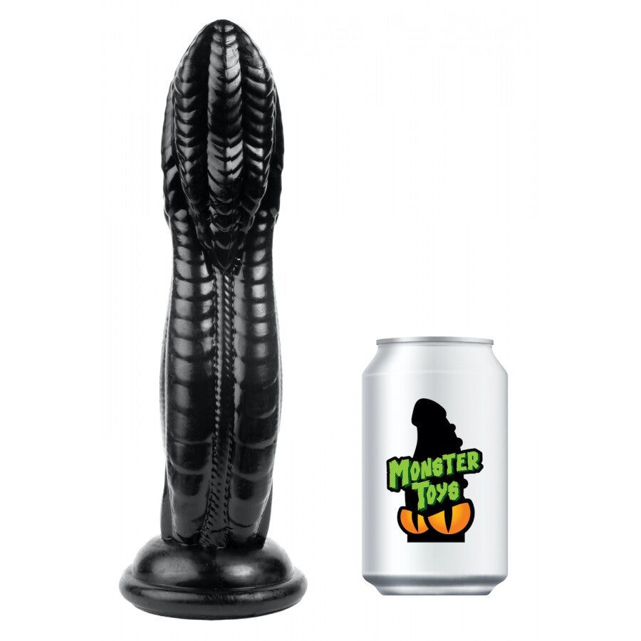 Black toy resembling a snake next to a can with 'Monster Toys' branding on a white background