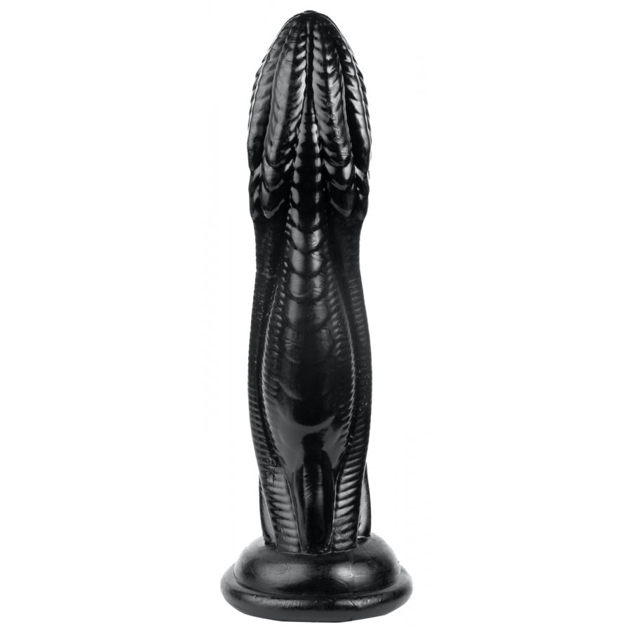 Black rubber toy with textured design on a white background