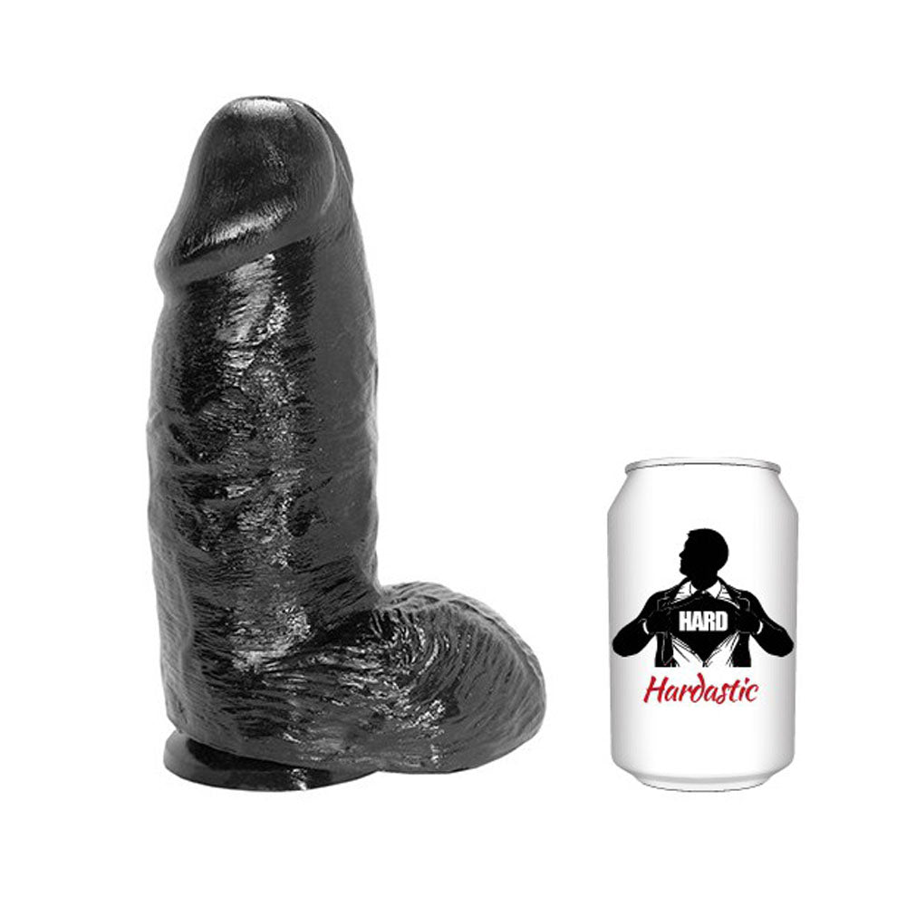 Black rubber dildo and a can with 'Hard' and 'Hardastic' branding on a white background