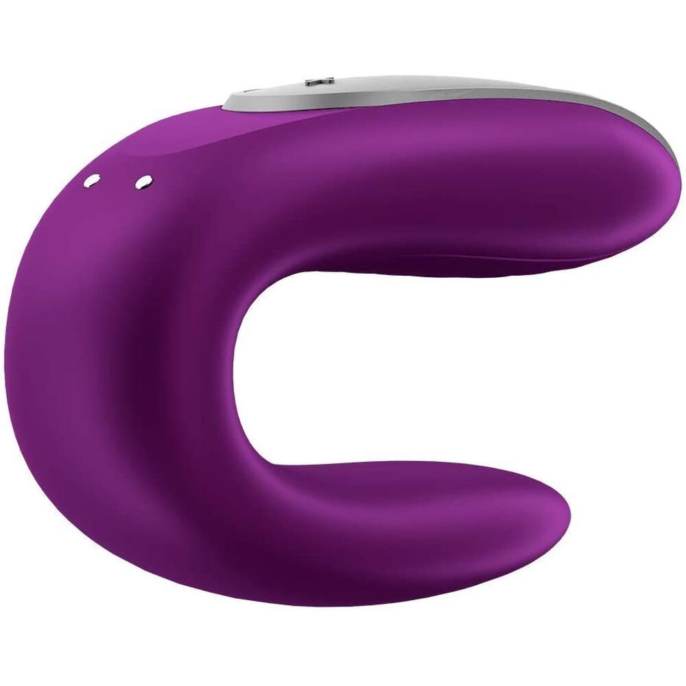 A purple and white dual-ended sex toy with a sleek, ergonomic design and a remote control.