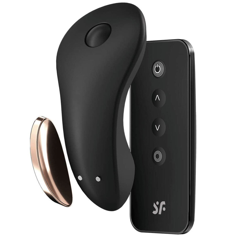 Black electronic device with control panel and additional component on a white background