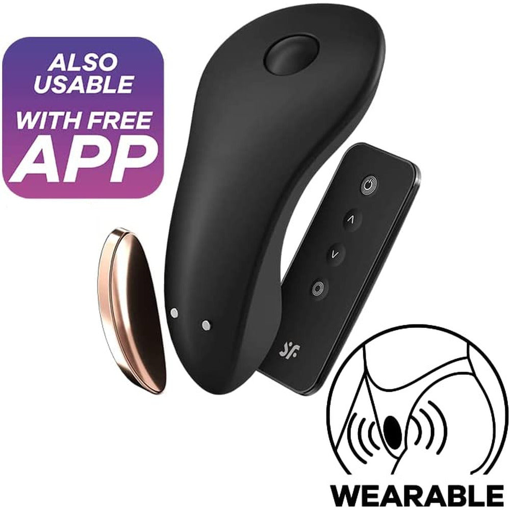 Black wearable device with a free app feature on a white background