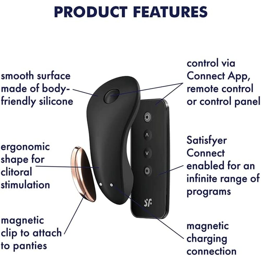 Product features of a black device with text labels on a white background