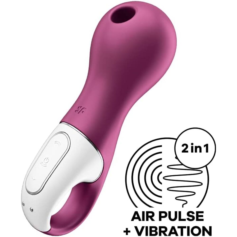 Purple and white device with air pulse and vibration features on a white background