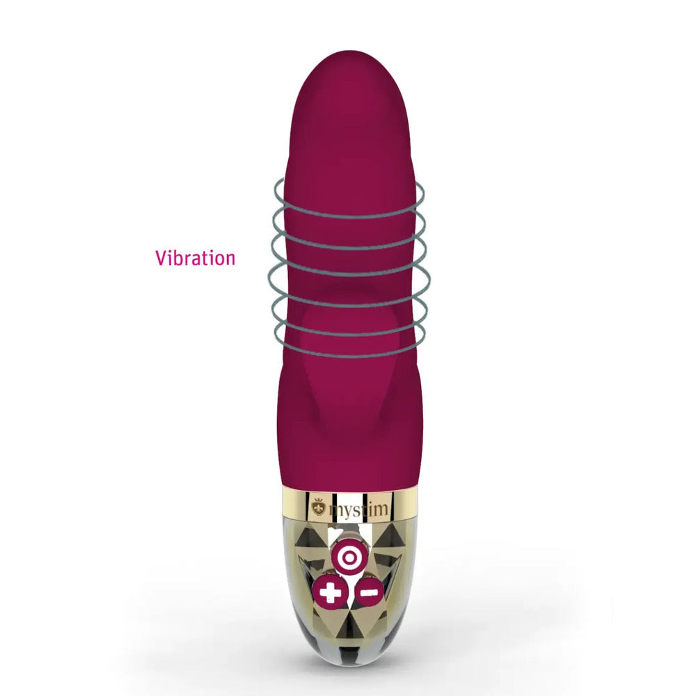 A pink, bunny-shaped vibrator with a curved handle and a small motor housing at the base, featuring a transparent detail.