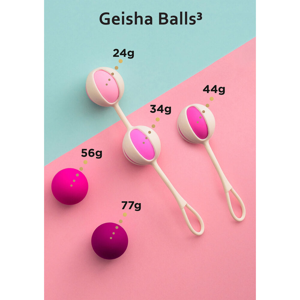 The image shows a set of pink weighted balls attached to white silicone straps, with varying sizes to create different weight combinations.