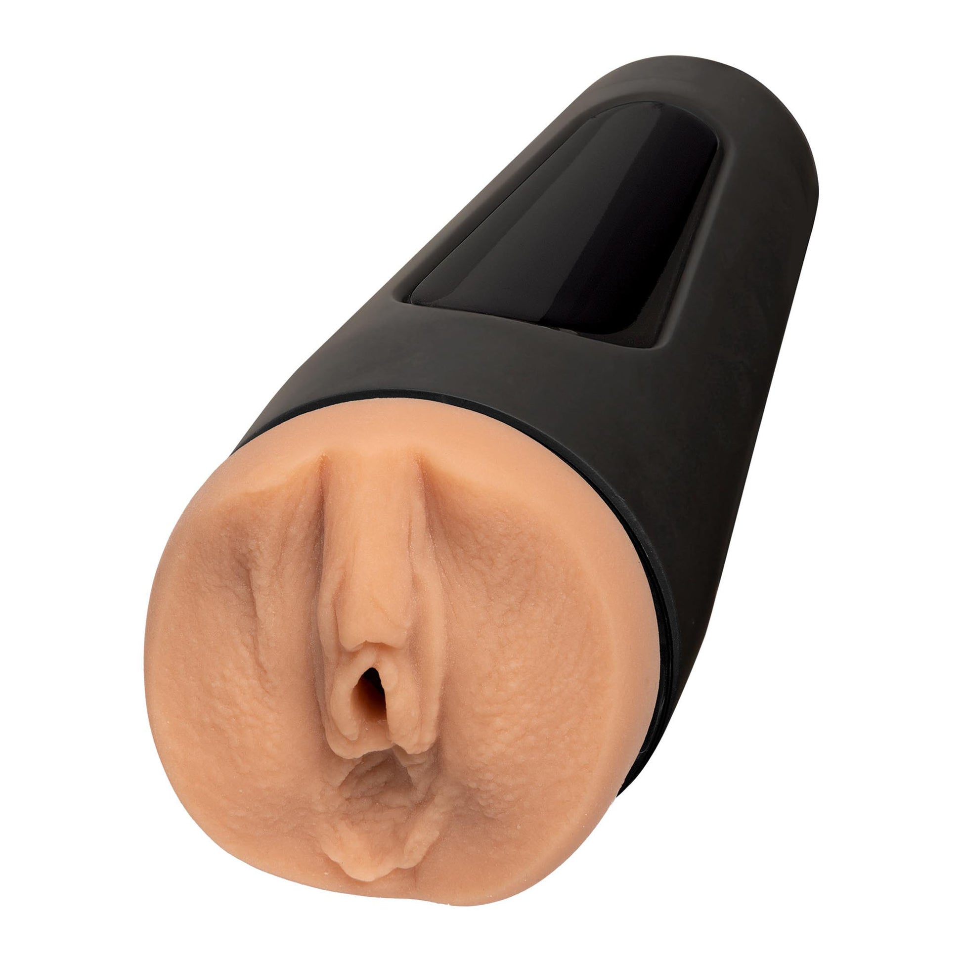 Black and beige object resembling a nose on a white background