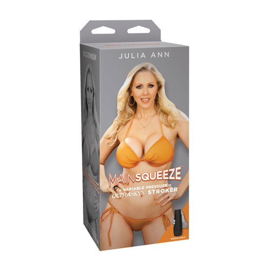 Product packaging for 'Julia Ann Mainsqueeze' with a model in an orange bikini.