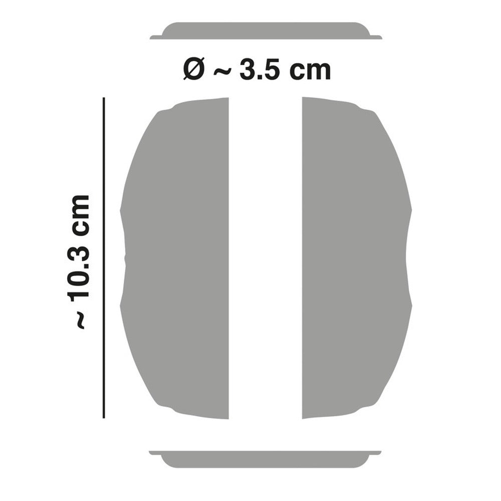 A gray, donut-shaped masturbator with a textured interior, featuring a power button on the side and an open design at both ends.