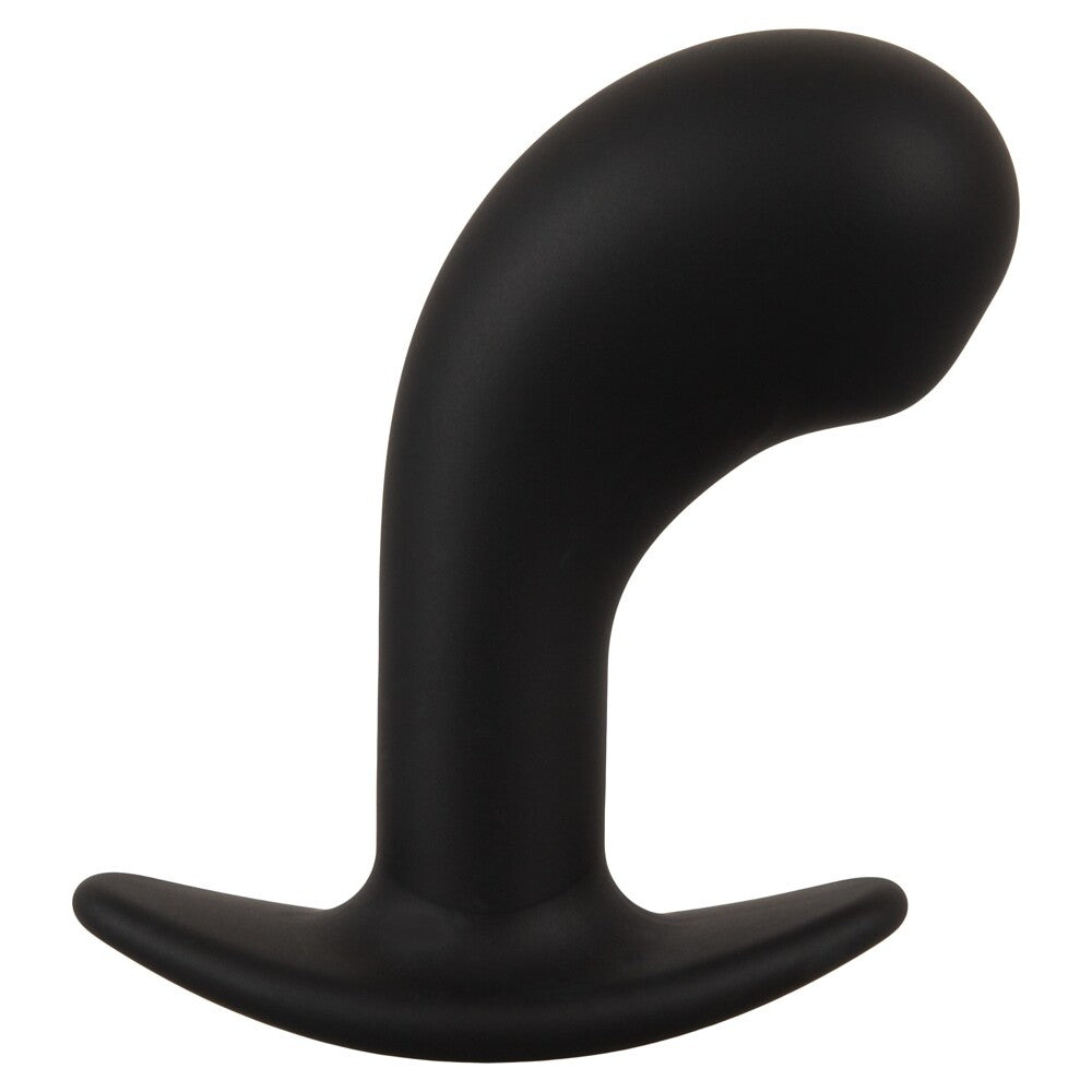 Black silicone butt plug on a white background