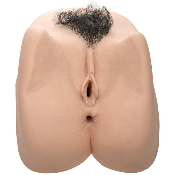 A life-sized, realistic adult toy featuring a double-entry design with detailed vaginal and anal openings, complete with dark pubes. The toy is made of a flesh pink material with a textured surface.