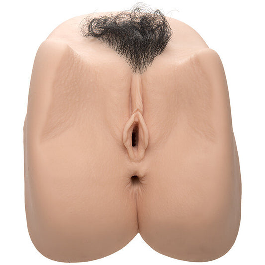 A life-sized, realistic adult toy featuring a double-entry design with detailed vaginal and anal openings, complete with dark pubes. The toy is made of a flesh pink material with a textured surface.