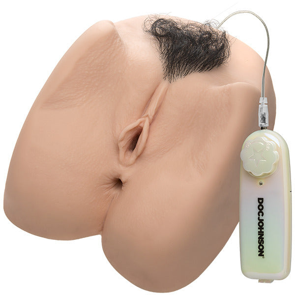 A life-sized, realistic adult toy featuring a double-entry design with detailed vaginal and anal openings, complete with dark pubes. The toy is made of a flesh pink material with a textured surface.