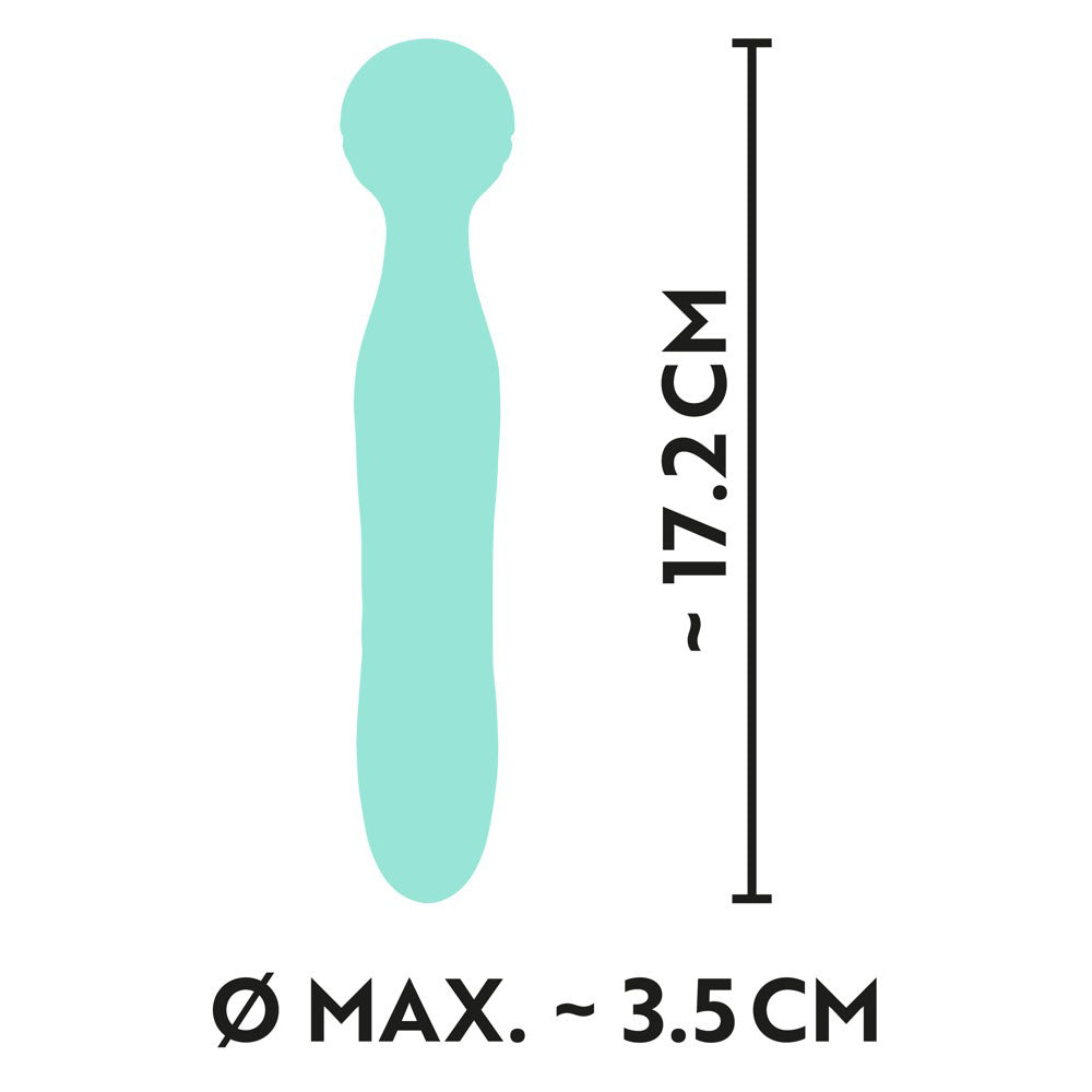 A small, green, silicone mini vibrator with a grooved texture on the head and a sleek handle, showing the brand's logo near the base.