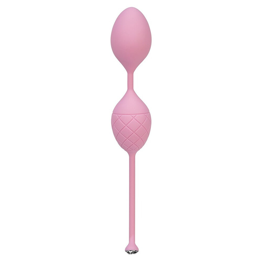 Two pink pleasure balls with a textured surface and a crystal-accented handle, designed for Kegel muscle exercise.